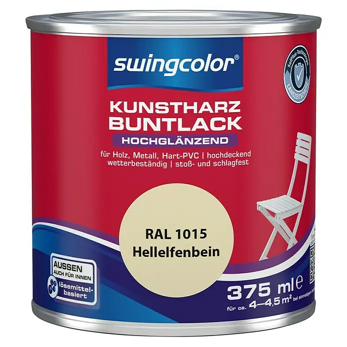 swingcolor Buntlack Kunstharz für Außen - Hellelfenbein, Hochglänzend, 375 ml, Lösemittelbasiert - Dose Swingcolor Kunstharz Buntlack in Hellelfenbein RAL 1015, ideal für Holz, Metall und Hart-PVC. Hochglänzend und wetterbeständig für Innen- und Außenbereich.