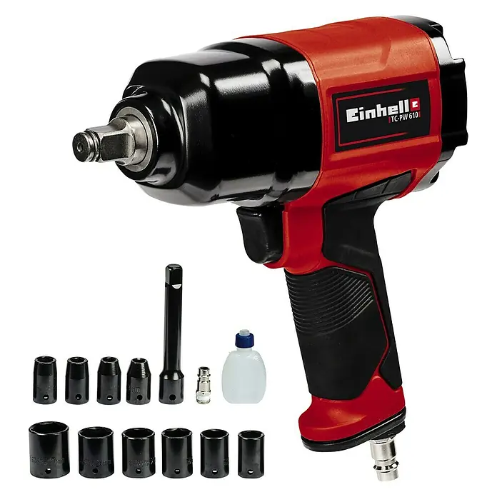 Einhell Classic Druckluft-Schlagschrauber TC-PW 610 - Betriebsdruck: 0 bar - 6,3 bar, Leerlaufdrehzahl: 7.000 U/min, Luftverbrauch: 198 l/min - Einhell TC-PW 610 Druckluft-Schlagschrauber mit verschiedenen Steckschlüsseln, ideal für Reifenwechsel und Montagearbeiten in Werkstatt und Garage.