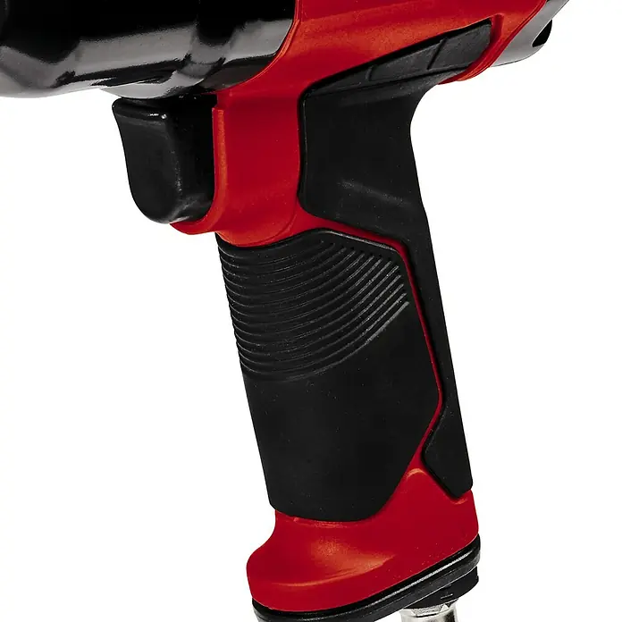 Einhell Classic Druckluft-Schlagschrauber TC-PW 610 - Betriebsdruck: 0 bar - 6,3 bar, Leerlaufdrehzahl: 7.000 U/min, Luftverbrauch: 198 l/min - Nahaufnahme eines roten und schwarzen Einhell Schlagschraubers, der ein robustes und ergonomisches Design für professionelle Anwendungen zeigt.