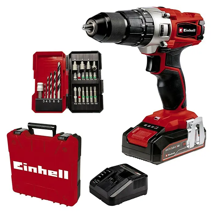 Einhell Power X-Change 18V Akku-Schlagbohrschrauber TE-CD 18/2 Li-i+22 - 18 V, 1 Akku, 2,5 Ah - Abbildung eines Einhell Akku-Bohrhammer-Sets, komplett mit Bohrmaschine, Akku, Ladegerät, Bohrer- und Bit-Set sowie einem robusten Tragekoffer.