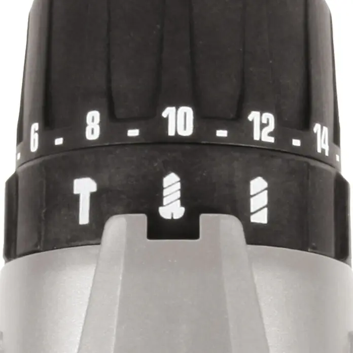 Einhell Power X-Change 18V Akku-Schlagbohrschrauber TE-CD 18/2 Li-i+22 - 18 V, 1 Akku, 2,5 Ah - Nahaufnahme der Drehmomenteinstellung eines Akkuschraubers, die von 6 bis 14 reicht, mit Symbolen für Schrauben und Bohren.