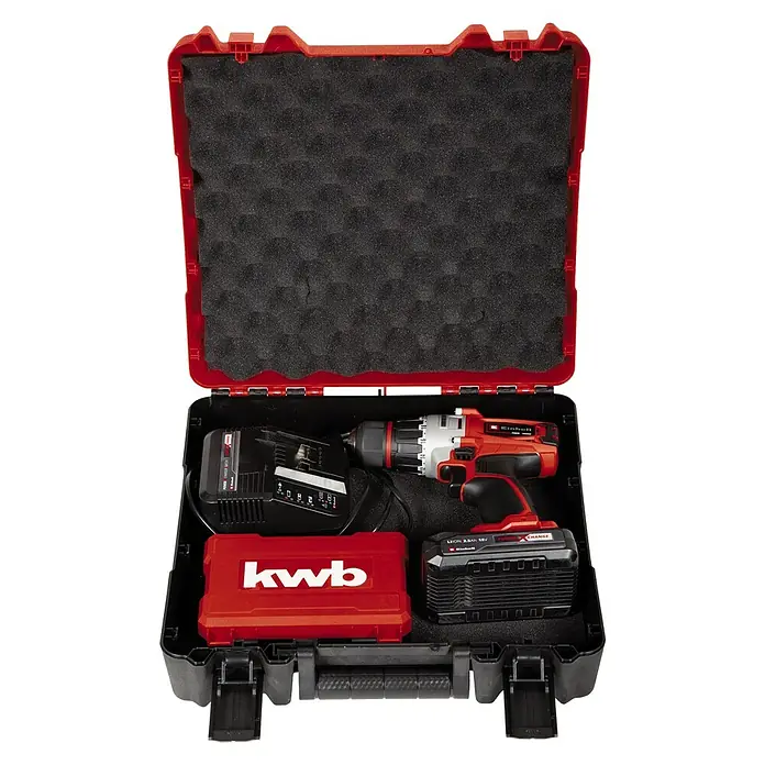 Einhell Power X-Change 18V Akku-Schlagbohrschrauber TE-CD 18/2 Li-i+22 - 18 V, 1 Akku, 2,5 Ah - Akku-Bohrschrauber-Set in einem roten und schwarzen Koffer, mit Akku, Ladegerät und Zubehör für verschiedene Bohrarbeiten.