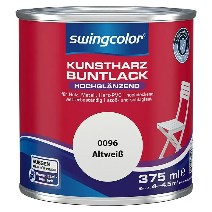 swingcolor Buntlack Kunstharz für Außen - Altweiß, Hochglänzend, 375 ml, Lösemittelbasiert - Dose Kunstharz-Buntlack „Altweiß“ von Swingcolor. Für Holz, Metall und Hart-PVC, hochglänzend und wetterbeständig. Inhalt: 375 ml.