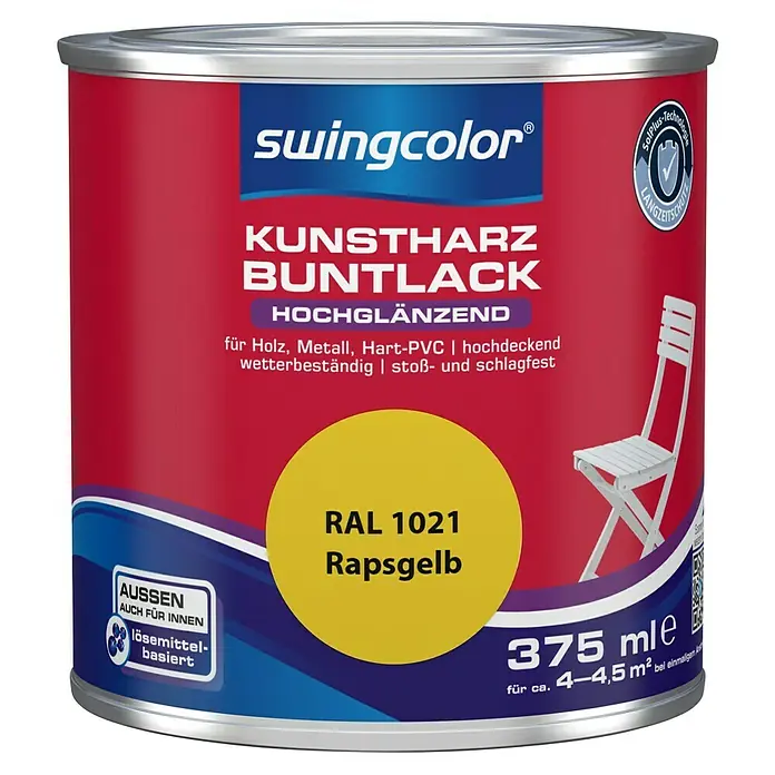 swingcolor Buntlack Kunstharz für Außen - Rapsgelb, Hochglänzend, 375 ml, Lösemittelbasiert - Farbdose Swingcolor Kunstharz Buntlack RAL 1021 Rapsgelb, hochglänzend, für Holz, Metall, Hart-PVC, wetterbeständig, 375 ml für Innen- und Außenbereiche.