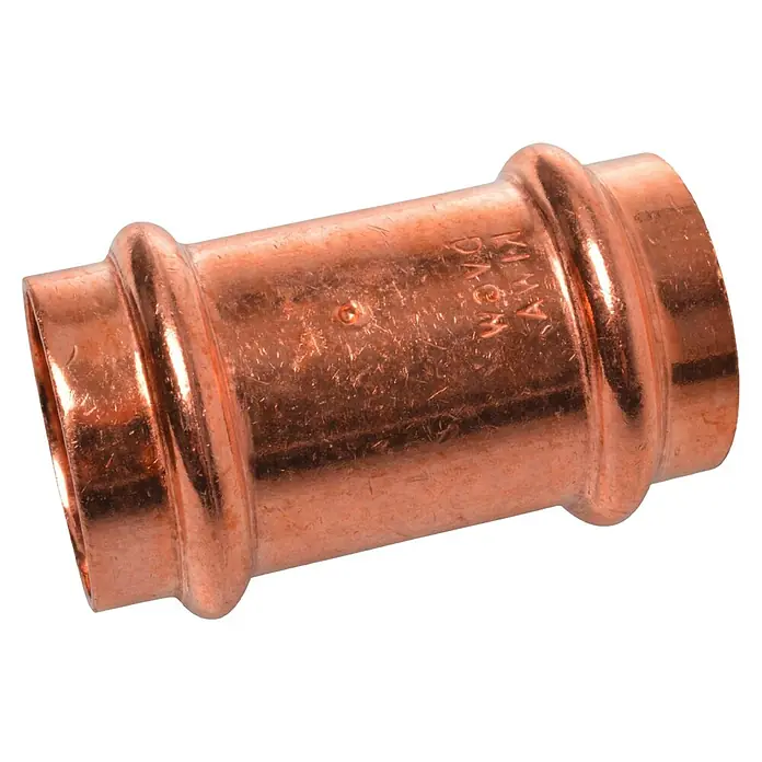 Kupfer-Pressmuffe CUDurchmesser: 12 mm, Presskontur: V - Nahaufnahme einer Kupfer-Pressverbindung für Rohrleitungen, ein robustes und langlebiges Sanitärteil.