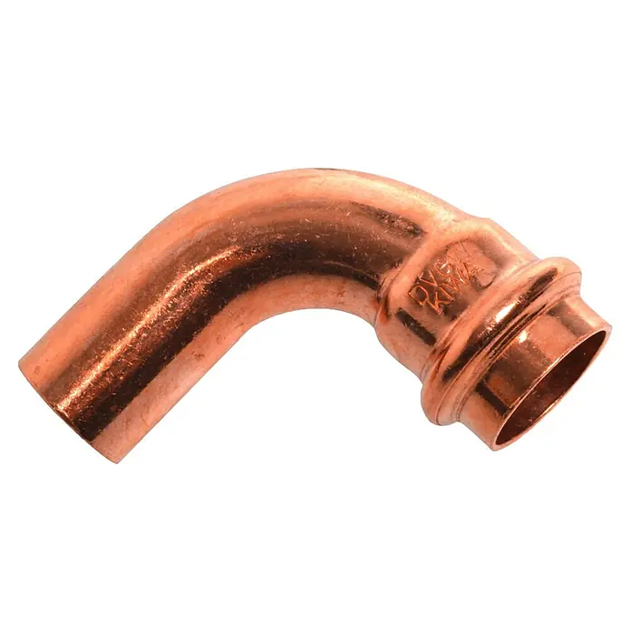 Kupfer-Pressbogen IA - Durchmesser: 12 mm, Winkel: 90 °, Presskontur: V - Ein 90-Grad-Kupferrohrbogen mit Pressverbindung, ideal für Sanitär- und Heizungsinstallationen, zeichnet sich durch hohe Qualität und Langlebigkeit aus.