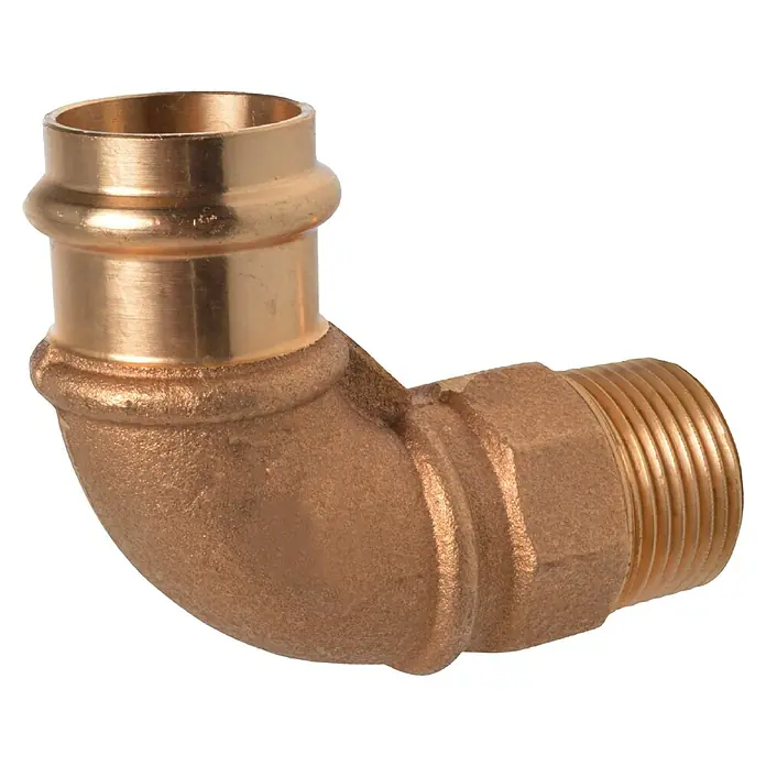 Presswinkel - Durchmesser: 12 mm, Außengewinde: ½″, Presskontur: V - Winkelstück aus Kupfer mit Pressanschluss und Außengewinde für Sanitärinstallationen, robust und zuverlässig.