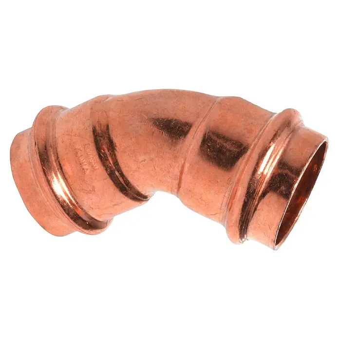 Kupfer-Pressbogen II - Durchmesser: 12 mm, Winkel: 45 °, Presskontur: V - Kupferrohrbogen Pressfitting 90 Grad für Sanitärinstallationen, glänzendes Kupferfinish mit Pressverbindungsmarkierungen für einfache Installation.