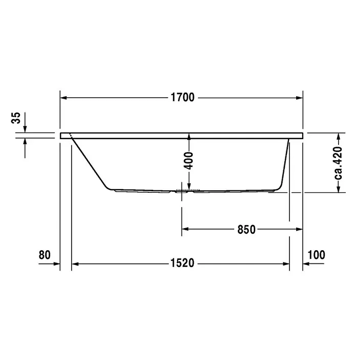 Duravit D-Code Badewanne - 170 x 75 cm, Sanitäracryl, Weiß - Abmessungen der Badewanne: 1700 mm Länge, 850 mm Breite, 420 mm Höhe. Technische Zeichnung mit allen Maßen für Sanitärinstallationen.