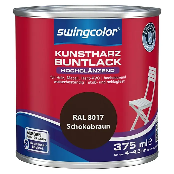 swingcolor Buntlack Kunstharz für Außen - Schokobraun, Hochglänzend, 375 ml, Lösemittelbasiert - Dose Kunstharz-Buntlack von Swingcolor in Schokobraun (RAL 8017), hochglänzend, für Holz, Metall und Hart-PVC, 375 ml für 4–4,5 m².