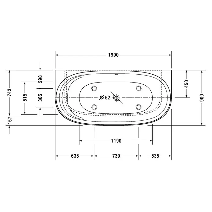 Duravit Cape Cod Badewanne - 190 x 90 cm, Mineralguss, Weiß - Technische Zeichnung einer Badewanne mit Maßangaben. Die Abmessungen der Badewanne sind in Millimetern angegeben.