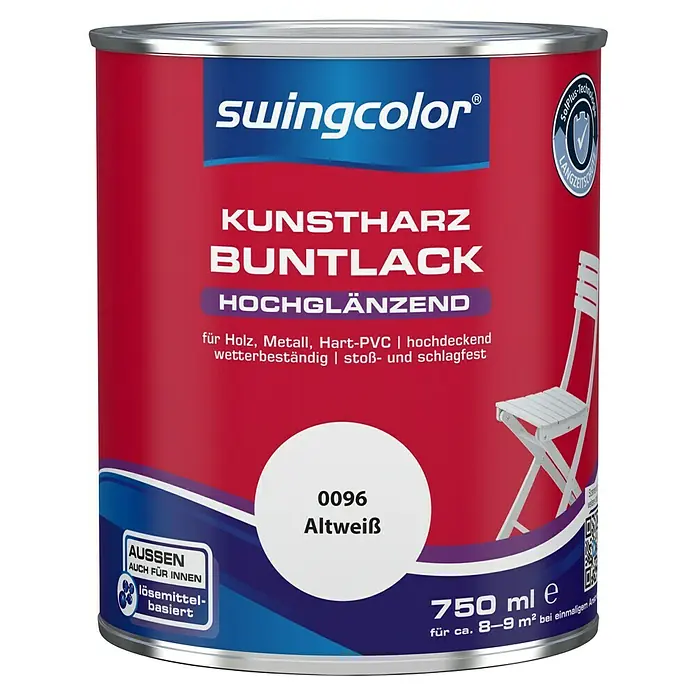 swingcolor Buntlack Kunstharz für Außen - Altweiß, Hochglänzend, 750 ml, Lösemittelbasiert - Dose Kunstharz-Buntlack von Swingcolor in Altweiß (750 ml), hochglänzend, für Holz, Metall & Hart-PVC, wetterbeständig und stoßfest.