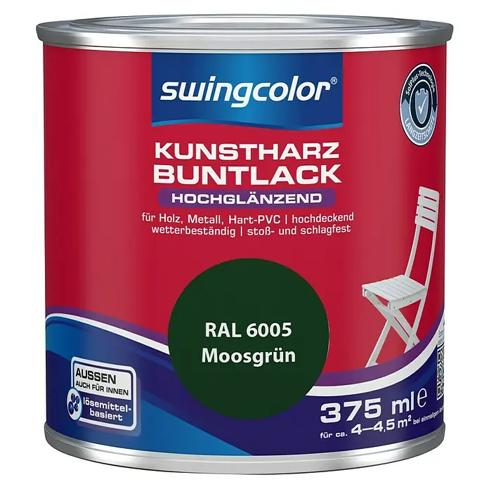 swingcolor Buntlack Kunstharz für Außen - Moosgrün, Hochglänzend, 375 ml, Lösemittelbasiert - Abbildung einer Dose Swingcolor Kunstharz Buntlack in Moosgrün (RAL 6005), ideal für Holz, Metall und Hart-PVC, mit 375 ml Inhalt.
