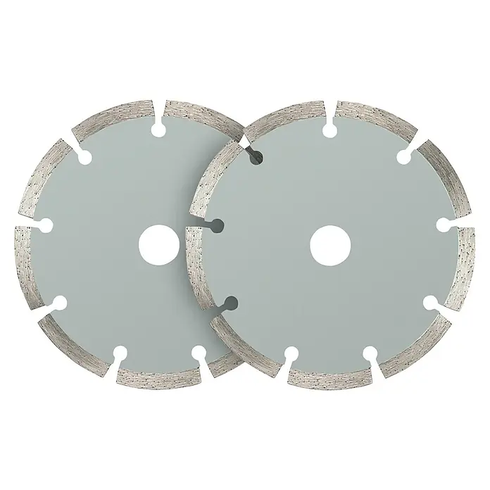 Toolson Mauernutfräse Pro-MF 1320 - 1.320 W, Durchmesser Scheibe: 125 mm - Zwei graue Trennscheiben für Winkelschleifer auf schwarzem Hintergrund. Perfekt für präzise Schnitte in Stein, Fliesen und andere Materialien.