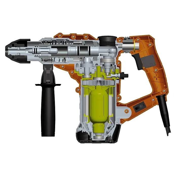 Toolson Kombihammer Pro-BH 1600 - 1.600 W, 4 J, SDS-Plus-Aufnahme - Querschnitt eines Bohrhammers, der die interne Mechanik und das Design hervorhebt. Ideal für technische Illustrationen und Produktpräsentationen.