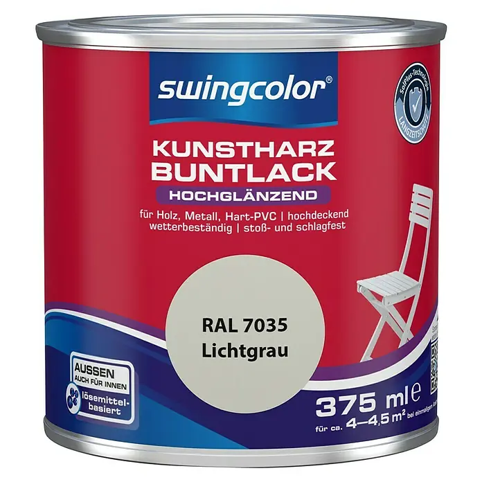 swingcolor Buntlack Kunstharz für Außen - Lichtgrau, Hochglänzend, 375 ml, Lösemittelbasiert - Dose Swingcolor Kunstharz Buntlack RAL 7035 Lichtgrau, hochglänzend, für Holz, Metall, Hart-PVC. Für Innen und Aussen.