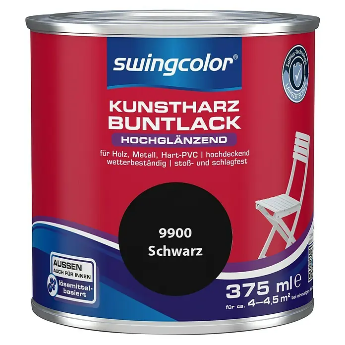 swingcolor Buntlack Kunstharz für Außen - Schwarz, Hochglänzend, 375 ml, Lösemittelbasiert - Abbildung einer Dose Swingcolor Kunstharz Buntlack 9900 Schwarz, ein hochglänzender Lack für Holz, Metall und Hart-PVC, mit 375 ml Inhalt.