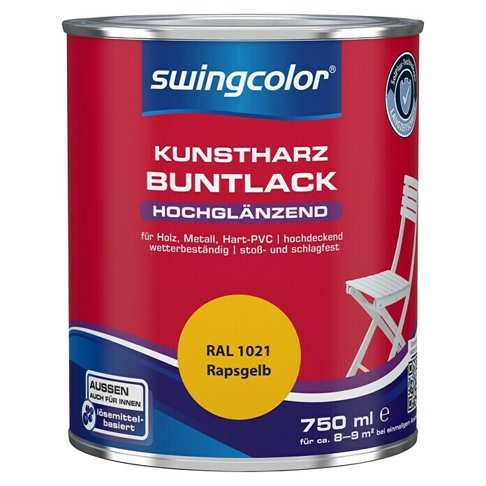 swingcolor Buntlack Kunstharz für Außen (Rapsgelb, 750 ml, Hochglänzend)