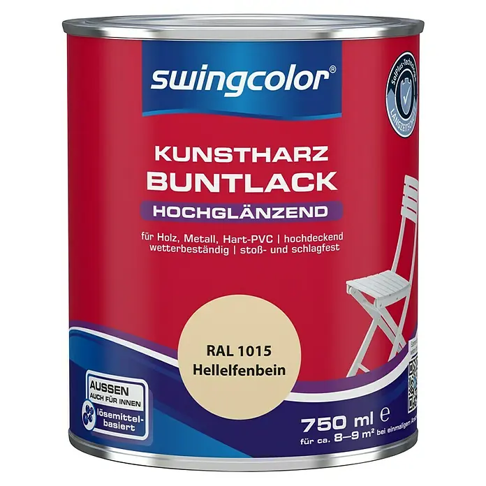 swingcolor Buntlack Kunstharz für Außen - Hellelfenbein, Hochglänzend, 750 ml, Lösemittelbasiert - Dose Kunstharz Buntlack hochglänzend von Swingcolor in RAL 1015 Hellelfenbein, geeignet für Holz, Metall und Hart-PVC, 750 ml.