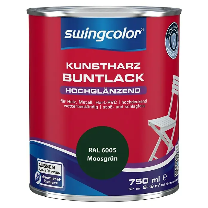swingcolor Buntlack Kunstharz für Außen - Moosgrün, Hochglänzend, 750 ml, Lösemittelbasiert - Dose Kunstharz-Buntlack von Swingcolor, hochglänzend, Farbton Moosgrün (RAL 6005), geeignet für Holz, Metall und Hart-PVC, 750 ml.