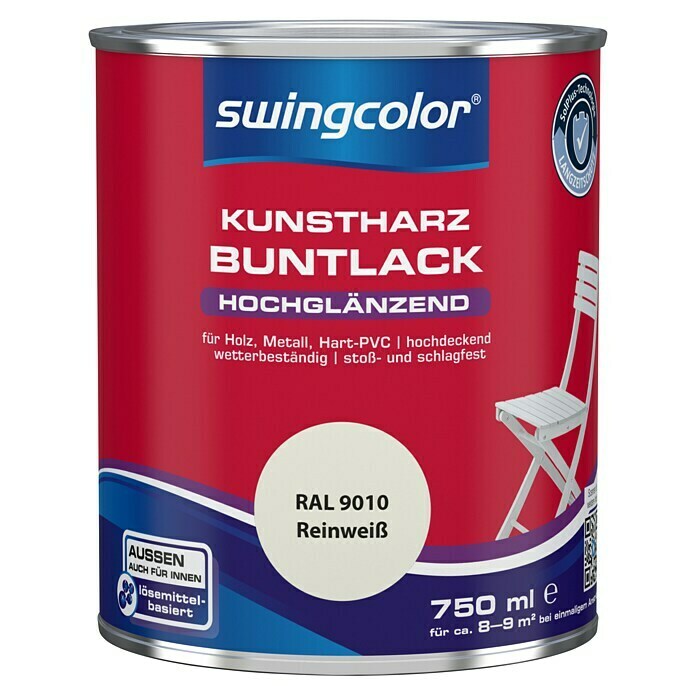 swingcolor Buntlack Kunstharz für Außen (Reinweiß, 750 ml, Hochglänzend)