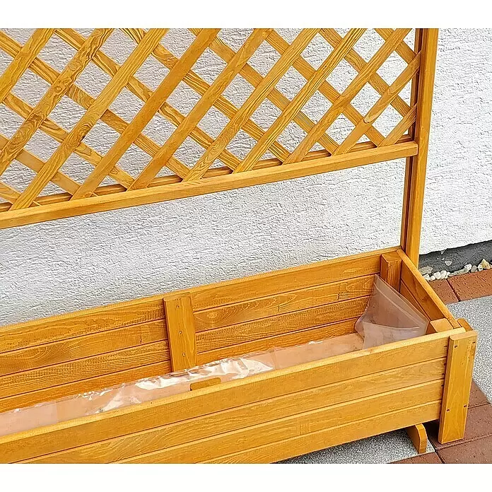 Promadino Pflanzkasten Romantica - Außenmaß (L x B x H): 120 x 38 x 210 cm, Holz, Honigbraun - Hölzerner Pflanzkasten mit Spalier in heller Holzfarbe, inklusive durchsichtiger Folie.