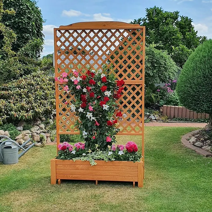 Promadino Pflanzkasten Romantica - Außenmaß (L x B x H): 120 x 38 x 210 cm, Holz, Honigbraun - Freistehende Holzgartenlaube mit Pflanzkasten und blühenden Kletterpflanzen in Rot, Weiß und Rosa, ideal als dekorativer Gartenzaun.