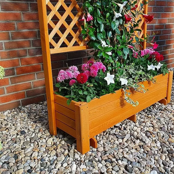 Promadino Pflanzkasten Romantica - Außenmaß (L x B x H): 120 x 38 x 210 cm, Holz, Honigbraun - Heller Holzpflanzkasten mit Spalier, gefüllt mit leuchtenden rosa, roten und weißen Blumen und grünem Laub.