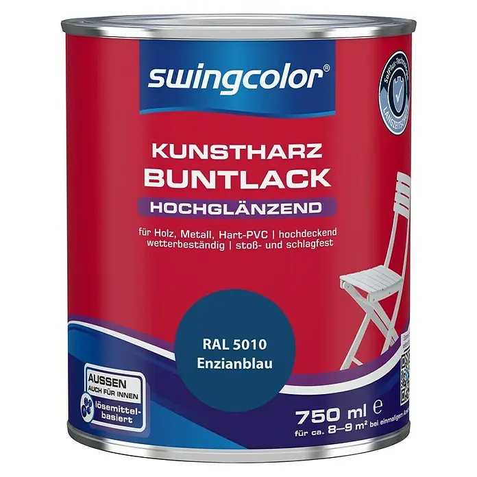 swingcolor Buntlack Kunstharz für Außen - Enzianblau, Hochglänzend, 750 ml, Lösemittelbasiert - Dose Kunstharz-Buntlack von Swingcolor in Enzianblau (RAL 5010), hochglänzend, für Holz, Metall und Hart-PVC.