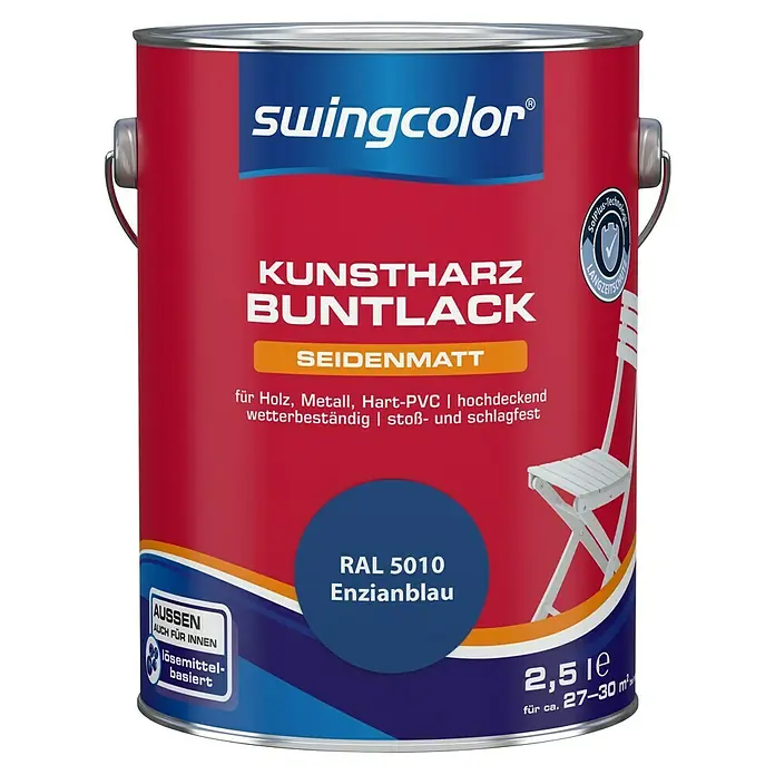 swingcolor Buntlack Kunstharz für Außen - Enzianblau, Seidenmatt, 2,5 l, Lösemittelbasiert - Dose Kunstharz-Buntlack von Swingcolor, seidenmatt, RAL 5010 Enzianblau, für Holz, Metall, Hart-PVC, wetterbeständig, stoß- und schlagfest.