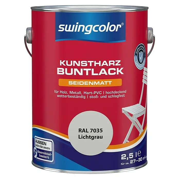swingcolor Buntlack Kunstharz für Außen - Lichtgrau, Seidenmatt, 2,5 l, Lösemittelbasiert - Dose Kunstharz Buntlack seidenmatt von Swingcolor in Lichtgrau, geeignet für Holz, Metall und Hart-PVC.