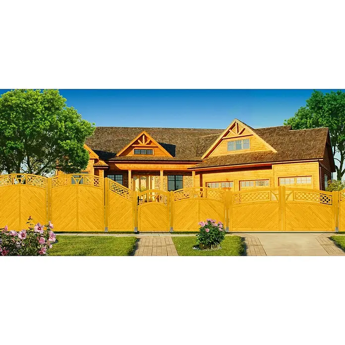 Andrewex Sichtschutzelement Toulon - 180 x 180/195 cm, Pinie - Ein schönes, hellbraunes Haus mit einem passenden Holzzaun, der sich über die gesamte Vorderseite des Grundstücks erstreckt.
