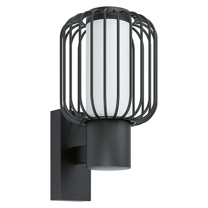 Eglo Ravello Aplique exterior - 60 W, 16,5 x 16,5 x 27,5 cm, Negro, IP44 - Lámpara de pared negra con pantalla cilíndrica blanca en una jaula metálica oscura para una iluminación elegante.