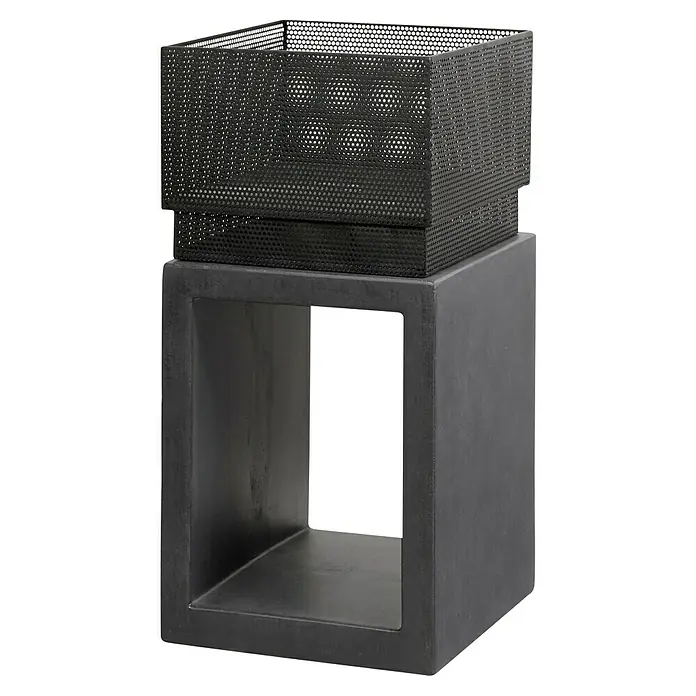 Elite Feuerkorb - Grau/Schwarz, L x B x H: 38 x 38 x 72 cm - Der schlichte, dunkle Nachttisch mit offenem Fach und einem dekorativen, perforierten Metallkorb bietet stilvollen Stauraum.