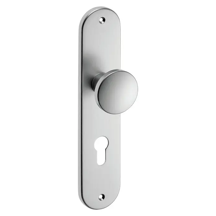 Portaferm Knopfkurzschild ZTDistanznorm: 72 mm, Aluminium - Nahaufnahme einer Türgarnitur mit Knopf und Langschild in Silber, die ein elegantes und zeitloses Design zeigt.