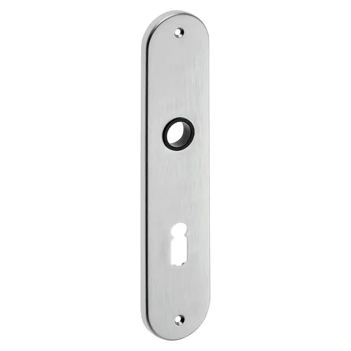 Portaferm Langschild ZT - Distanznorm: 72 mm, Buntbart, Silber, Oval - Ein länglicher Türbeschlag aus Metall mit Schlüsselloch und runder Öffnung. Das Metall ist gebürstet und hat eine matte Oberfläche.