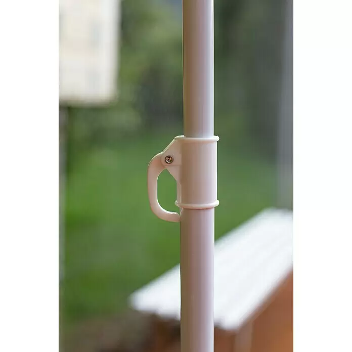 Sunfun Balkonschirm rund Provence II - Chili, Durchmesser Bespannung: 200 cm - Weißer Kunststoff-Verstellgriff an einer weißen Stange.