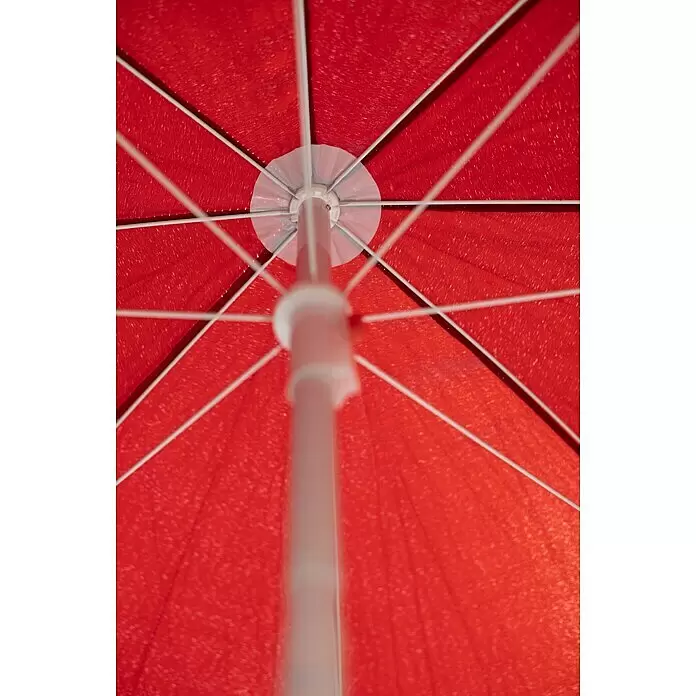 Sunfun Balkonschirm rund Provence II - Chili, Durchmesser Bespannung: 200 cm - Roter Regenschirm von unten gesehen, zeigt sein weißes Gestell und den Mittelstock.