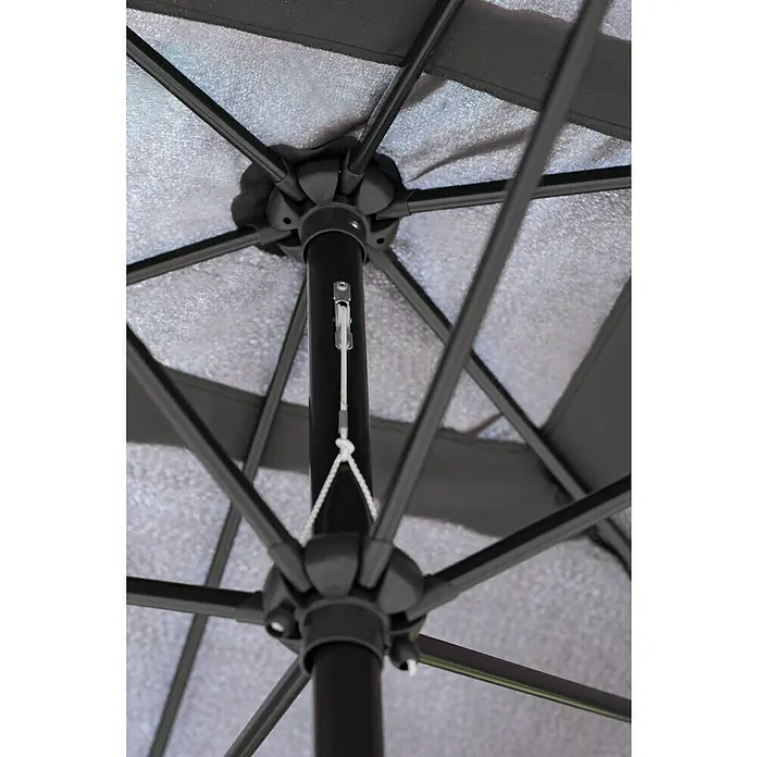 Sunfun Marktschirm Venetien II - Anthrazit, Bespannungsmaß (L x B): 300 x 200 cm - Detailaufnahme der Konstruktion eines Sonnenschirms, die Mechanik und das Design des Produkts betonend.
