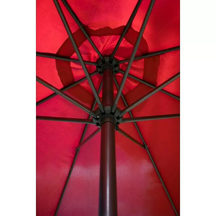 Sunfun Marktschirm Trentino II - Chili, Durchmesser Bespannung: 300 cm - Unterseite eines leuchtend roten Sonnenschirms mit dunklem Metallgestell und Speichen, von unten gesehen.