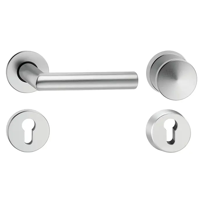 Wechselgarnitur - Stärke Tür: 35 mm - 45 mm, Edelstahl, Verdeckte Schrauben - Türbeschlagset bestehend aus einem Türgriff, einem Knauf und zwei Rosetten mit Schlüsselloch, aus mattem Edelstahl.
