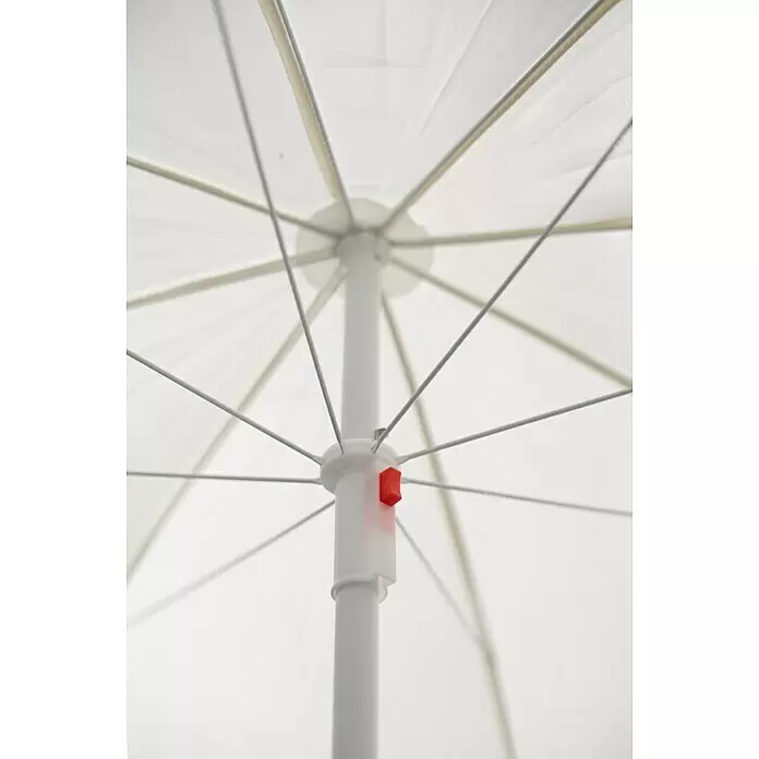 Sunfun Balkonschirm rund Provence II - Natur, Durchmesser Bespannung: 200 cm - Innenansicht eines weißen Regenschirms mit weißem Stock, grauen Speichen und rotem Knopf am Öffnungsmechanismus.