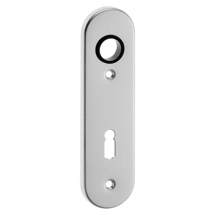 Portaferm Kurzschild ZT - Distanznorm: 72 mm, Buntbart, Silber - Eine längliche, silberne Türschildabdeckung mit einem Schlüsselloch und Löchern für die Türklinke und Befestigungsschrauben.