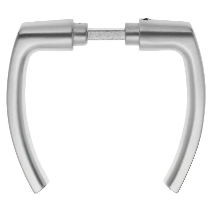 Portaferm Zimmertürgarnitur ZTStärke Tür: 35 mm - 45 mm, Aluminium, U-Form - Ein Paar Türgriffe aus Edelstahl, die durch einen Vierkantstift verbunden sind, vor einem schwarzen Hintergrund.