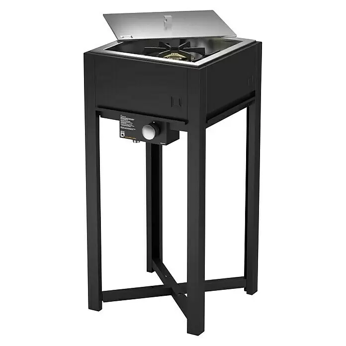 oneQ Gaskocher Einsatz - Edelstahl, 6,5 kW, B x T: 40,7 x 40,7 cm - Schwarzer Outdoor-Gaskocher mit silbernem Deckel, einem Brenner und Drehknopf, auf stabilem Stand.
