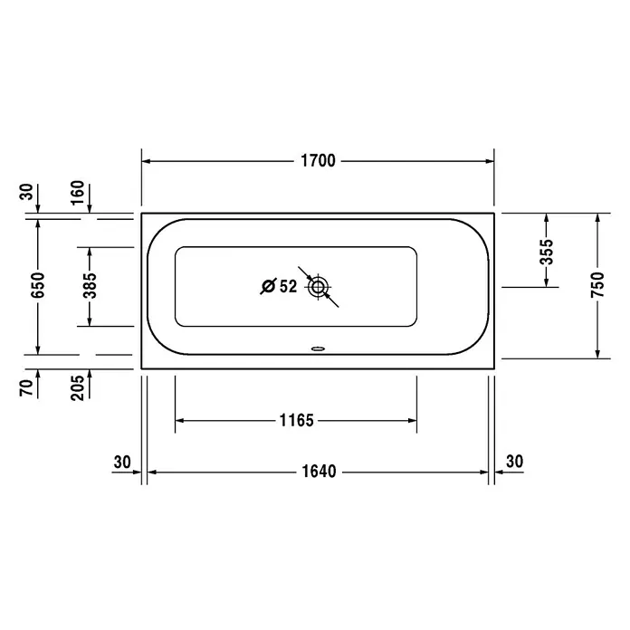Duravit Happy D.2 Badewanne - 170 x 75 cm, Sanitäracryl, Weiß, Rückenschräge rechts - Abbildung einer Badewannen-Skizze mit den Maßen 1700 x 750 mm und einem Ablaufdurchmesser von 52 mm.