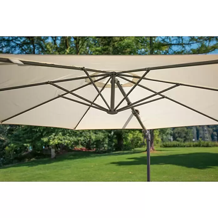 Sunfun Ampelschirmgestell Capri - Stahl, 300 cm, Rund - Unterseite eines hellen Sonnenschirms mit dunkelgrauem Rahmen, der Schatten spendet.