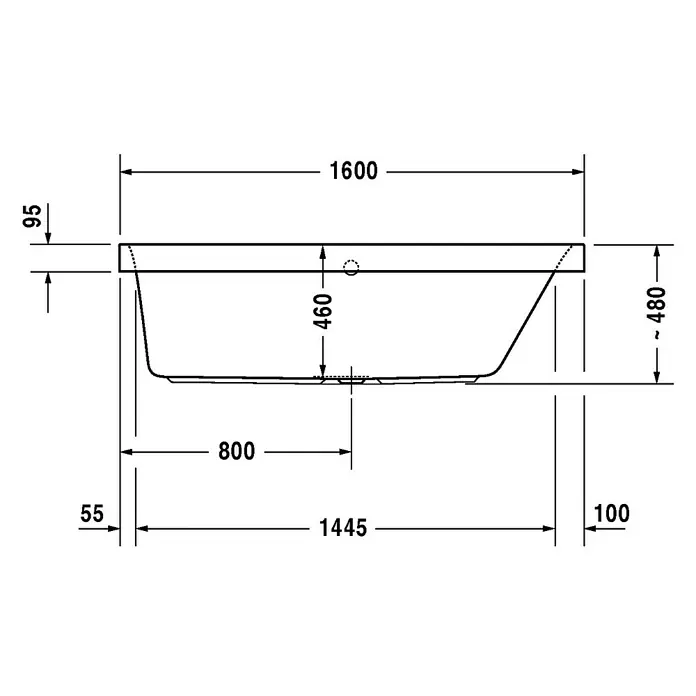 Duravit Happy D.2 Badewanne - 160 x 70 cm, Sanitäracryl, Weiß, Rückenschräge rechts - Technische Zeichnung eines rechteckigen Bades mit Maßangaben zu Länge, Breite und Höhe.