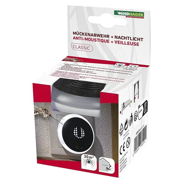 Windhager Stechmückenschutz + Nachtlicht Classic - Wirkungsbereich: 30 m² - Mückenabwehrgerät: Ultraschall-Technologie für bis zu 30 m² Fläche, mit zuschaltbarem Nachtlicht. Effektiver Schutz vor Insekten im Haus.