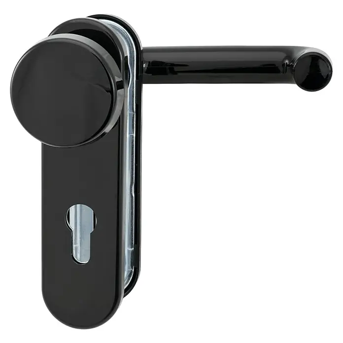 Portaferm Schutz-Wechselgarnitur - Stärke Tür: 44 mm - 60 mm - Nahaufnahme eines eleganten, schwarzen Türgriffs mit Schlüsselrosette, der modernes Design und Funktionalität vereint.